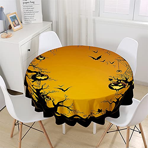 Chickw1 Wasserdicht Runde Tischdecke 3D Halloween Teuflisch Kürbis Bedruckte Tischdecke, Abwaschbar Tischtuch, Tischdekoration Benutzt für Küche, Esszimmer, Garten (Gelb,120cm) von Chickwing