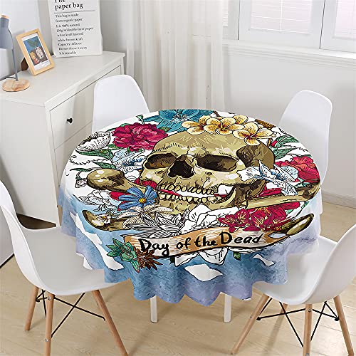 Chickw1 Wasserdicht Runde Tischdecke Mexiko Tag der Toten Skelett Bedruckte Tischdecke, Abwaschbar Tischtuch, Tischdekoration Benutzt für Küche, Esszimmer, Garten (Floral Skull H,100cm) von Chickwing