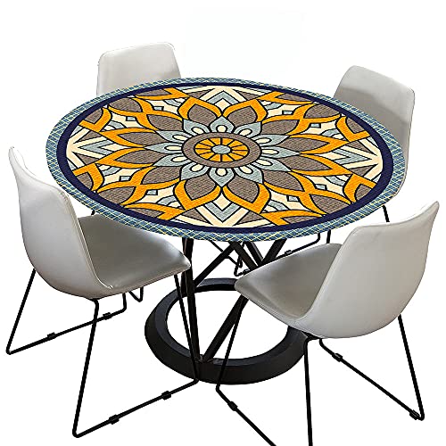 Chickwin Tischdecke Runde Elastische Kante Wasserdicht Abwaschbar Retro Mandala Stil Tischschoner, Tischtuch aus Polyester für Küche, Esszimmer, Garten, Balkon (Böhmischer Stil,90cm) von Chickwing