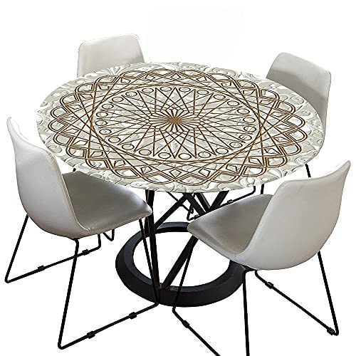 Chickwin Tischdecke Runde Elastische Kante Wasserdicht Abwaschbar Retro Mandala Stil Tischschoner, Tischtuch aus Polyester für Küche, Esszimmer, Garten, Balkon (Goldene Geometrie,120cm) von Chickwing