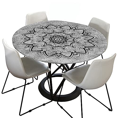 Chickwin Tischdecke Runde Elastische Kante Wasserdicht Abwaschbar Retro Mandala Stil Tischschoner, Tischtuch aus Polyester für Küche, Esszimmer, Garten, Balkon (hellgrau,100cm) von Chickwing