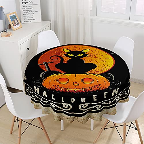 Chickw1 Wasserdicht Runde Tischdecke 3D Halloween Kürbis Schwarze Katze Bedruckte Tischdecke, Abwaschbar Tischtuch, Tischdekoration Benutzt für Küche, Esszimmer, Garten (Vollmond,180cm) von Chickwing