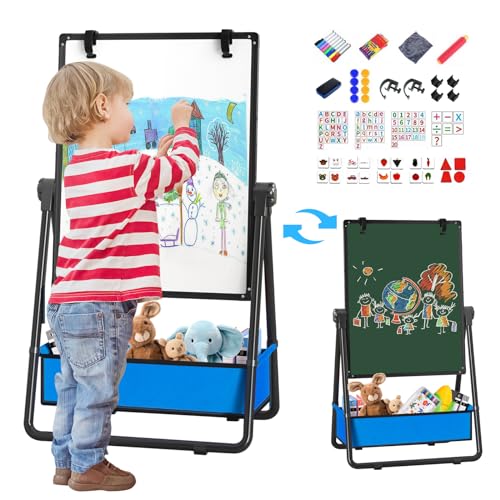 Kinder Staffelei Malerei Doppelseitige Tafel für Kinder mit Kreidetafel & Whiteboard 360 drehbare Höhenverstellbar Standtafel mit Zubehör für Jungen Mädchen ab 3 Jahre (Schwarz) von Chidiam