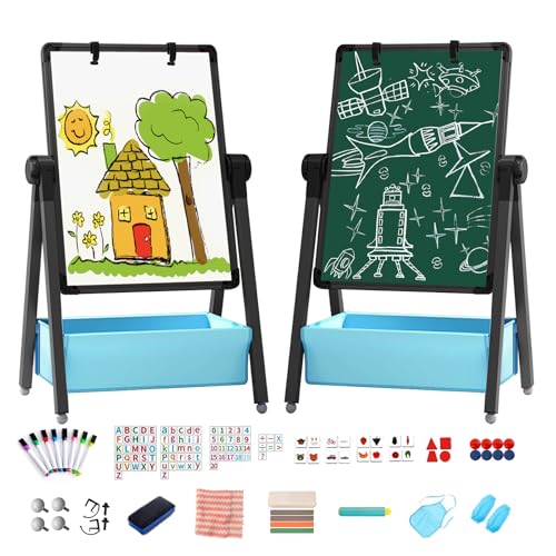Kinderstaffelei Doppelseitige Eisenkunst-Staffelei mit Büroklammer Faltbares Zeichenbrett Höhenverstellbar Stehstaffelei 360° Drehbar Whiteboard Kreidetafel mit Buchstaben Zahlen für Jungen Mädchen von Chidiam