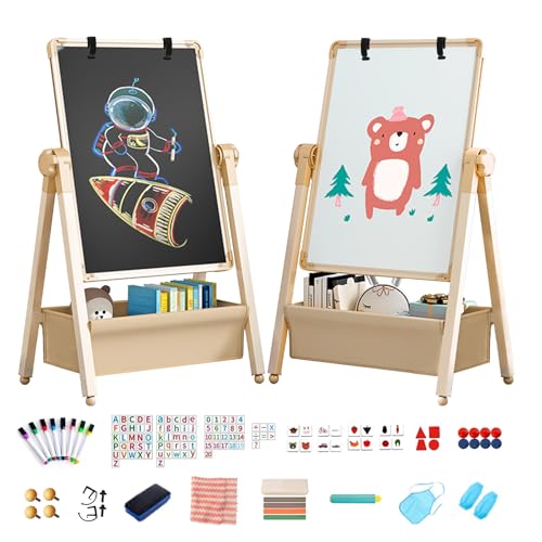 Kinderstaffelei Doppelseitige Eisenkunst-Staffelei mit Büroklammer Faltbares Zeichenbrett Höhenverstellbar Stehstaffelei 360° Drehbar Whiteboard Kreidetafel mit Buchstaben Zahlen für Jungen Mädchen von Chidiam