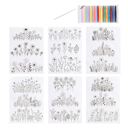 Wasserlösliche Stickmuster, Stickpapier zum Abwaschen, 6-teiliges Stick- und Nähmuster-Set mit 21 Fäden, 1 Nadel, 18 Blumenmuster-Transferpapier-Stabilisatoren (schwarz) von Chihutown
