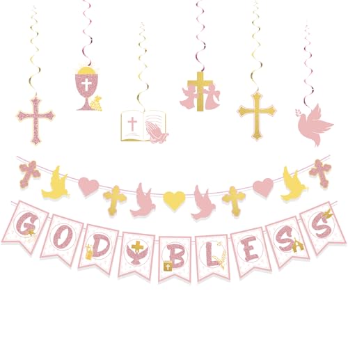 Chilfamy Rosa Gold Taufe Dekorationen für Mädchen - Erstkommunion Konfirmation Dekorationen mit Gott Segen Banner, Herzen Tauben Girlande, hängende Wirbel Dekore für Baby Mädchen Frauen Party Events von Chilfamy