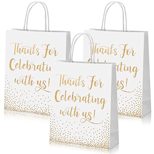 30 Stück Willkommensgeschenktüten für Hochzeit Hotel Gäste Danke für Feiern mit uns Gold-Papiertüte mittlere Größe Folie mit Griff für Brautdusche Party Favor (weiß, 25,4 x 20,3 x 7,6 cm) von Chinco