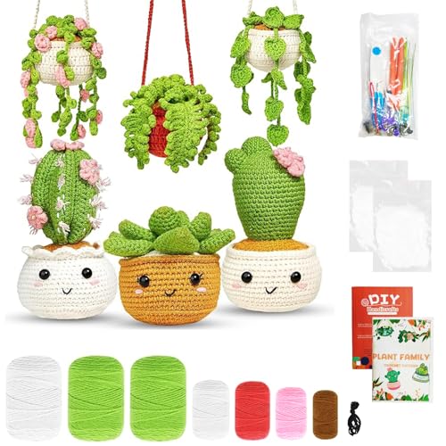 Chingcoo Häkelset für Anfänger,6 PCS Häkelnadel Set, Kaktus Hänge Häkeln Starter Kit Erwachsene mit Anleitung, für DIY DIY-Handarbeiten mit Häkelnadeln, Garn, Füllung, Handnähnadel, Stichmarkern von Chingcoo