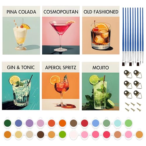 Chingcoo Malen nach Zahlen Cocktailgläser DIY Set, 6-teiliges Handgemaltes Set mit Pinsel und Polypropylenfarbe für Home Décor, Ohne Rahmen(20 x 30 cm) von Chingcoo