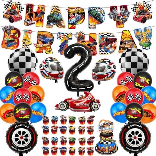 Hot Whels Geburtstags Deko Set – Auto Rennwagen Party Deko für Jungen, mit Banner, Cake Topper, Latex & Folienballons, Auto Geburtstagsdeko für 2. Geburtstag von Chingcoo