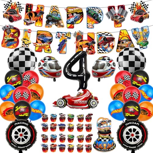 Hot Whels Geburtstags Deko Set – Auto Rennwagen Party Deko für Jungen, mit Banner, Cake Topper, Latex & Folienballons, Auto Geburtstagsdeko für 4. Geburtstag von Chingcoo