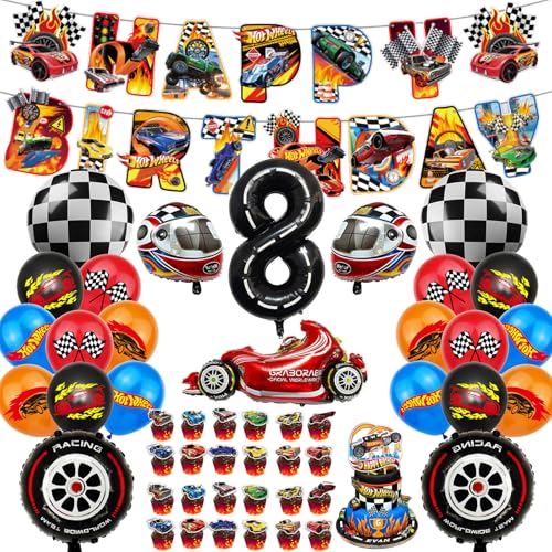 Hot Whels Geburtstags Deko Set – Auto Rennwagen Party Deko für Jungen, mit Banner, Cake Topper, Latex & Folienballons, Auto Geburtstagsdeko für 8. Geburtstag von Chingcoo