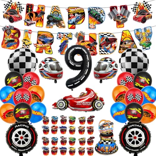 Hot Whels Geburtstags Deko Set – Auto Rennwagen Party Deko für Jungen, mit Banner, Cake Topper, Latex & Folienballons, Auto Geburtstagsdeko für 9. Geburtstag von Chingcoo
