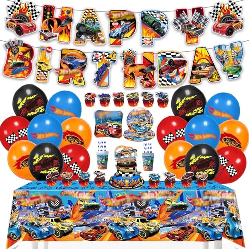 93 Stück Hot Whels Geburtstags Deko Junge, Rennauto Geburtstag Partygeschirr Set, Auto Geburtstagsdeko mit Teller, Pappbecher, Tischdecke, Stroh, Servietten für Kindergeburtstag Party Supplies von Chingcoo