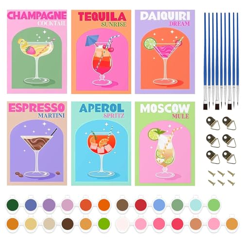 Malen nach Zahlen Cocktailgläser DIY Set, 6 Stück Zum Selbermachen mit Pinsel und Polypropylenfarbe – Handgemaltes Ölgemälde-Set Für Erwachsene Und Anfänger Als Geschenk Ohne Rahmen(20 x 30 cm) von Chingcoo