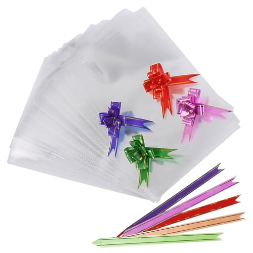 ChioSun wiederverschließbare klare Taschen, 50 Pcs OPP Plastiktasche mit 50 Pcs Mix Farben ziehen Bögen für Süßigkeiten, Keks, Geburtstage (50Pcs) von ChioSun