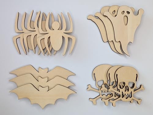 Halloween-Deko-Formen aus Holz, 60–100 mm, lasergeschnitten, Set mit 12 Stück, Totenkopf-Geist, Fledermäuse, Spinnen, je 3 Stück von Chirpy & Goose