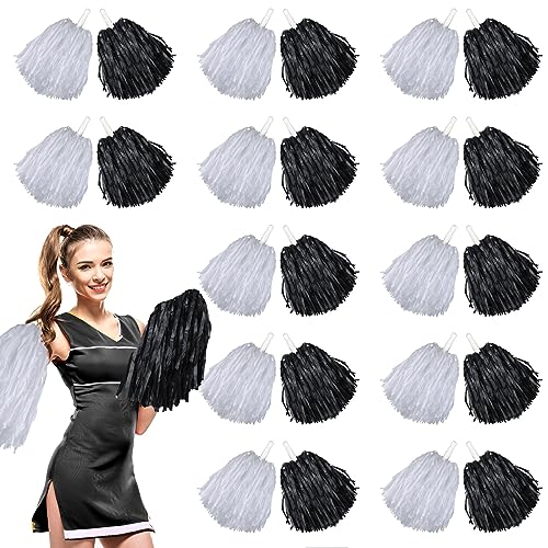 Chivao Cheerleading-Pompons, Kunststoff-Pompons, Griffe, Cheerleading-Pompons für Sport, Tanz, Gameday, Fußball, Party-Dekorationen, je 30 g, Weiß, Schwarz, 24 Stück von Chivao
