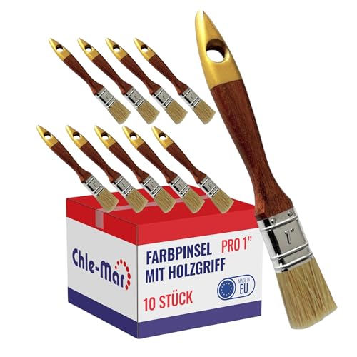Chle-Mar - 10x PRO Maler Pinsel (Flach) 1" für präzises Streichen | Breiter Pinsel für Lasur&Öl | Wiederverwendbarer Malerpinsel mit Lackierter Holzgriff | Paint Brush für Holzlasur, Wandfarbe von Chle-Mar