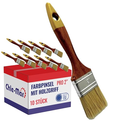 Chle-Mar - 10x PRO Maler Pinsel (Flach) 2" für präzises Streichen | Breiter Pinsel für Lasur&Öl | Wiederverwendbarer Malerpinsel mit Lackierter Holzgriff | Paint Brush für Holzlasur, Wandfarbe von Chle-Mar