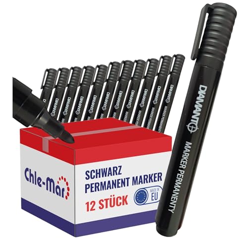 Chle-Mar - 12x Permanent Marker Schwarz & Wasserfest | Marker Stifte für Industrie, Büro & Haushalt | Schwarzer Marker für Papier, Kunststoff, Metall & mehr | Schnelltrocknender Filzstift Chle-Mar - 12x Permanent Marker Schwarz & Wasserfest | Marker Stifte für Industrie, Büro & Haushalt | Schwarzer Marker für Papier, Kunststoff, Metall & mehr | Schnelltrocknender Filzstift von Chle-Mar