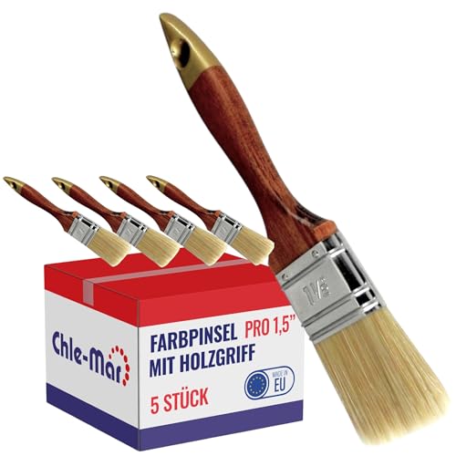 Chle-Mar - 5X PRO Maler Pinsel (Flach) 1,5" für präzises Streichen | Breiter Pinsel für Lasur&Öl | Wiederverwendbarer Malerpinsel mit Lackierter Holzgriff | Paint Brush für Holzlasur, Wandfarbe von Chle-Mar