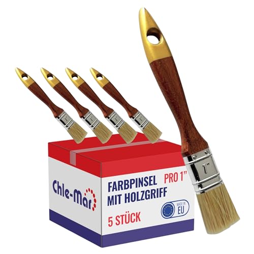 Chle-Mar - 5X PRO Maler Pinsel (Flach) 1" für präzises Streichen | Breiter Pinsel für Lasur&Öl | Wiederverwendbarer Malerpinsel mit Lackierter Holzgriff | Paint Brush für Holzlasur, Wandfarbe von Chle-Mar