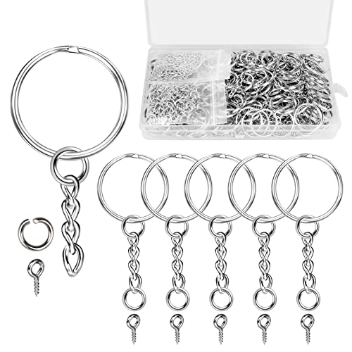 Schlüsselring mit Kette 450 Stück Schlüsselanhänger Ring Set (150 Schlüssel Ringe Kette+150 offene Binderinge+150Schrauböse Pins) Schlüsselringe 25mm für Schlüssel Handwerk DIY Schmuckherstellung von Chmejia