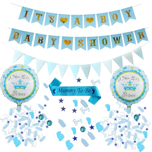 Choupauling Babyparty-Dekorationen für Baby Boy – Babyparty It's A Boy Banner, Mummy to Be Schulterschärpe, Folienballons, Glitzerkonfetti, Dreiecksflagge für Gender Reveal Party von Choupauling