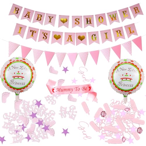 Choupauling Babyparty-Dekorationen für Baby-Mädchen – Babyparty It's A Girl Banner, Mummy to Be Schulterschärpe, Folienballons, Glitzerkonfetti, Dreiecksflagge für Geschlechtsoffenbarung Party von Choupauling