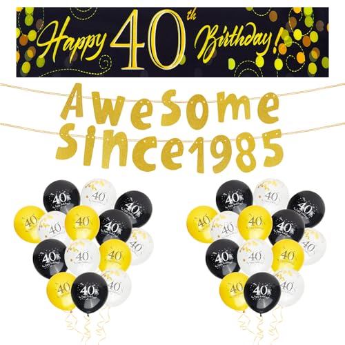 Chovbe 40 Geburtstag Dekorationen Schwarz Gold - Happy 40th Birthday Banner Party Supplies Set Awesome Since 1985 Wimpelkette für Männer & Frauen Party Feiern von Chovbe