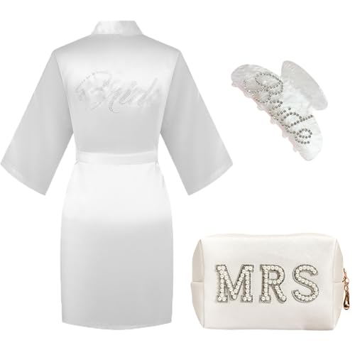 Chovbe Geschenkset für die zukünftige Braut, weißer Satin-Schlafanzug, Hai-Haarspange, MRS Kosmetiktasche, Einheitsgröße, perfekt für Hochzeit, Junggesellinnenabschied, Brautparty von Chovbe