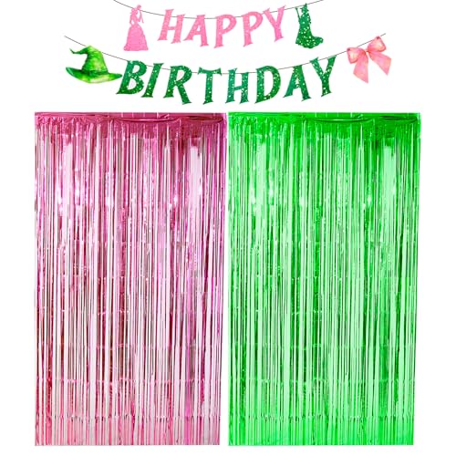 Chovbe Rosa & Grün Glitzer Luftschlangen Hintergrund Party Dekoration, Folienvorhang und Happy Birthday Banner Set - Lametta Fransen Hintergrund mit Papier Banner für Hexe Prinzessin Motto Party von Chovbe
