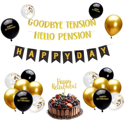 Chovbe Ruhestand Party Dekorationen Schwarz und Gold - Goodbye Tension Hello Pension Banner Happy Retirement Cake Topper Luftballons Set - Party Supplies für Männer Frauen Abschiedsveranstaltungen von Chovbe