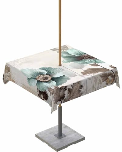 Chreistmosanty Blaugrüne Frühlingsblumen-Outdoor-Tischdecken mit Schirmloch und Reißverschluss, Vintage-Blumen, 137 x 137 cm, quadratische Tischdecken, elegante botanische wasserdichte Tischdecke von Chreistmosanty