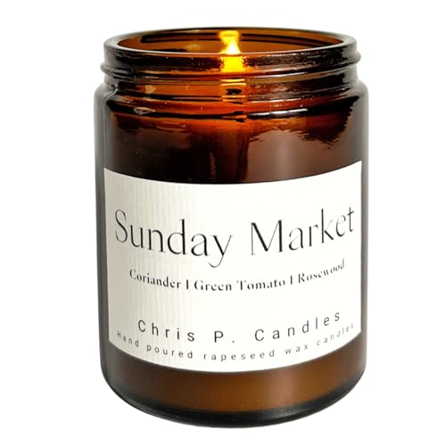 Sunday Market Duftkerze im Glas | Koriander, Grüne Tomate und Rosenholz | Handgemacht aus Rapswachs | 150 g | Lange Brenndauer | Hochwertige Duftöle | Geschenkidee für Freundin, Geburtstag, von Chris P. Candles
