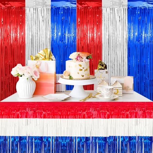 3 Stück 4. Juli Dekorationen Rot Weiß und Blau Lametta Folie Fransen Tischrock und Hintergrund Set Patriotische Tischdekoration für Unabhängigkeitstag Gedenktag Veteranen Tag Wahl Nacht Party Supplies von Chris.W