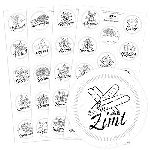 56 weiße Gewürzetiketten/Gewürzaufkleber - individuelle Abbildungen der Gewürze - für Regale, Gläser oder Dosen - beschriftet, selbstklebend, Ø 4cm Kreis rund, Farbe: WEISS 56 weiße Gewürzetiketten/Gewürzaufkleber - individuelle Abbildungen der Gewürze - für Regale, Gläser oder Dosen - beschriftet, selbstklebend, Ø 4cm Kreis rund, Farbe: WEISS von Chroma Products