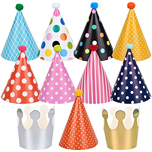 Chstarina 11 Stück Partyhüte zum Geburtstag mit Pompons, Partyhüte Party Kegel Hüte, Geburtstagshut Geburtstagskrone für Kinder, Geburtstagsfeier Dekoration für Kindergeburtstag von Chstarina