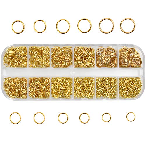 Chstarina 1100Pcs Biegeringe Offene, 4mm 5mm 6mm 7mm 8mm 10mm Offene Ringe Springen, Spaltringe Metall Kettenringe Verbindungsringe für Schmuckherstellung, Halskette, Armband, Schmuckzubehör (Golden) von Chstarina