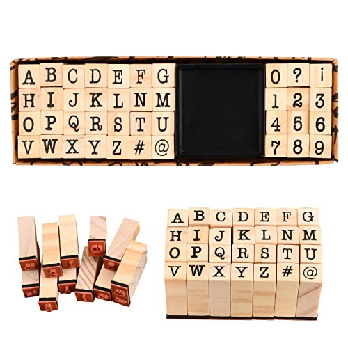 Chstarina Buchstaben Stempel Set, 40 Stück Holzstempel - Buchstaben, Zahlen und Symbole Set, Stempel Buchstaben mit Stempelkissen, Alphabet Stempel für Kunst, Handwerk, Kartenherstellung von Chstarina