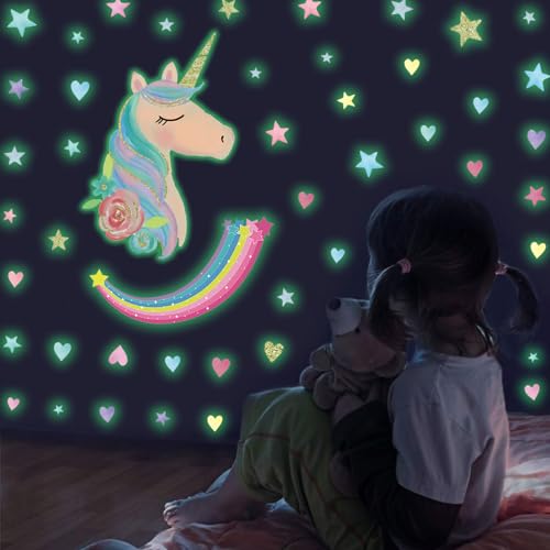 Wandtattoo Kinderzimmer Mädchen Leuchtsterne Selbstklebend, Einhorn Wandsticker Leuchtender, Regenbogen Wandaufkleber Leuchtsticker, Sternenhimmel Leuchtaufkleber Deko Babyzimmer für Jungen Geschenke von Chuainxin