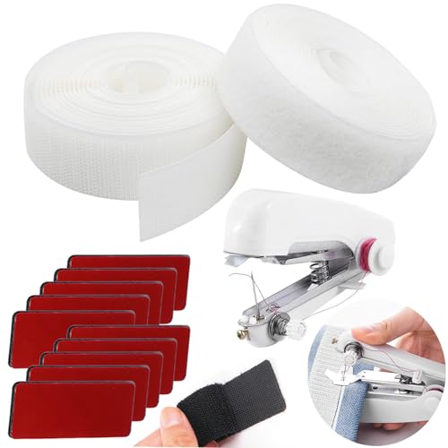 Klettband zum Nähen Set incl Klettverschluss zum Nähen Weiß 16mm x 5m, 1 Mini Nähmaschine, 10 Klettband Selbstklebend Extra Stark Schwarz 32mm x 80mm, Klebeklett Klebepad Statt Bohren für Befestigung von Chuainxin