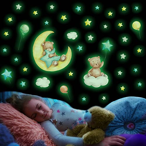 Wandtattoo Kinderzimmer Kleiner Bär Leuchtsterne Leuchtmond, Leuchtender Wandaufkleber für Kinder Schlafzimmer Deko, Babybär Leuchtsticker Wandsticker, Wanddeko Geschenk für Babyzimmer Mädchen Jungen von Chuainxin