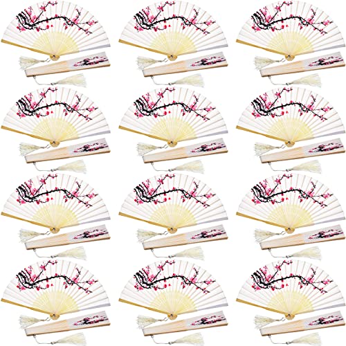 12 Stück Handfächer faltbar aus Seide und Bambus, Blumen-Ventilatoren, faltbar, für Tanz, Party, Hochzeitsgeschenk (weiße Kirsche) von Chuangdi