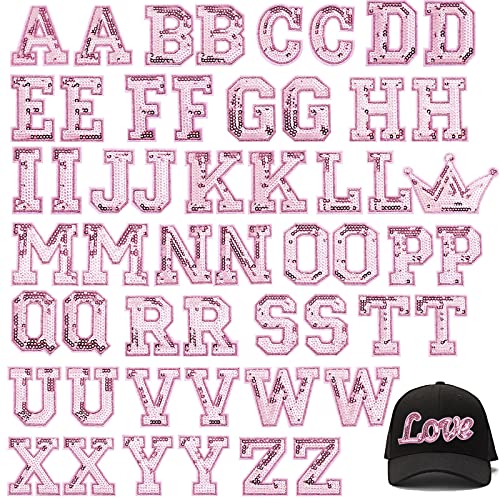 54 Stück Buchstaben Pailletten Bügelbilder A-Z Alphabet Patches Bügelbilder Liebe Design Aufnähen Aufnäher Glitzer Hotfix Patches für Tasche Schuhe DIY Bastelbedarf (Rosa) von Chuangdi