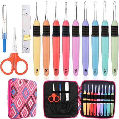 9 Stücke Beleuchtete Häkelnadeln mit Hülle LED Licht Häkelnadeln Kunst Garn Stricken Nadeln Bequem Glatt Häkelnadeln mit Maßband, Schere, Nahttrenner zum Stricken, 2,5 mm - 6,5 mm von Chuangdi
