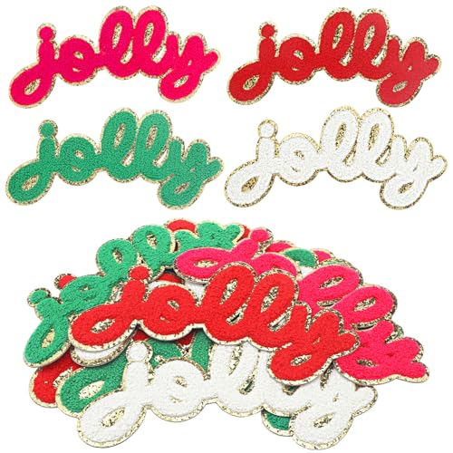 Chuangdi 12 Stück Jolly Christmas Aufbügler 19 cm Chenille Buchstaben Weihnachten Selbstklebend Chenille bestickte Applikation Patches für Kleidung Handwerk DIY Xmas Decor Supplies von Chuangdi