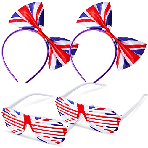 Chuangdi 2 Stück Britisches Stirnband 2 Paar Großbritannien Shutter Shades Union Jack Flagge Schleife Stirnband Union Jack Partyzubehör für König Charles III Krönung Deko Nationale Veranstaltung von Chuangdi